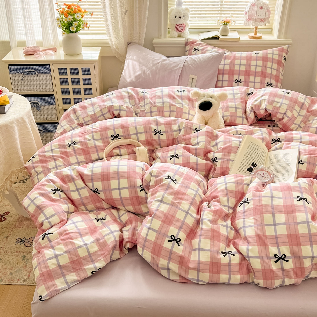 91家纺网 家纺一手货源 找家纺 （总）欣宜家纺 2026新款lns博主风韩系蝴蝶结全棉纯棉四件套格子蝴蝶结