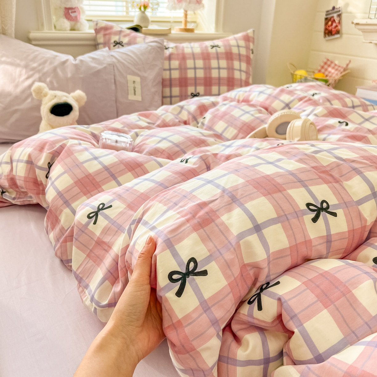 91家纺网 家纺一手货源 找家纺 （总）欣宜家纺 2026新款lns博主风韩系蝴蝶结全棉纯棉四件套格子蝴蝶结