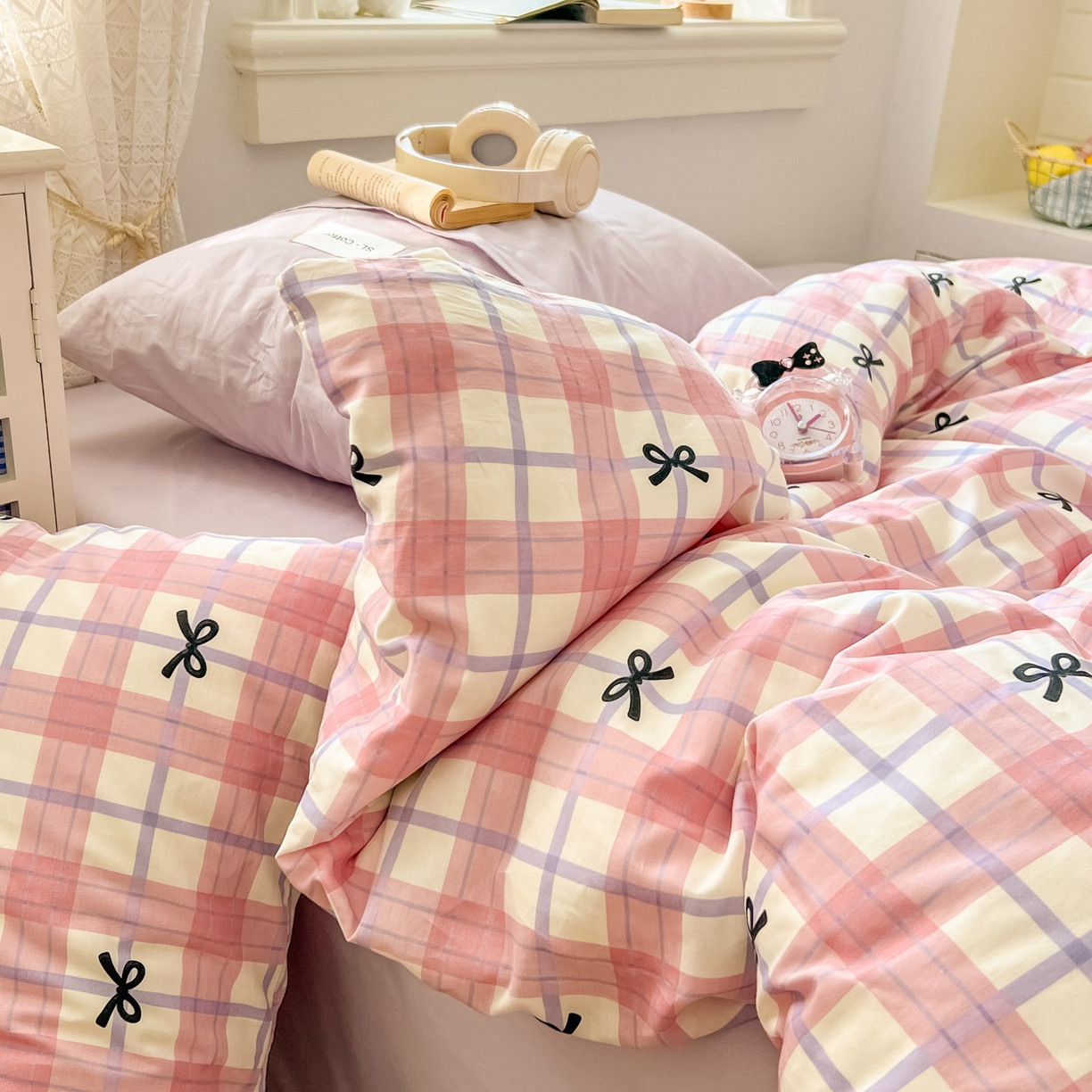 91家纺网 家纺一手货源 找家纺 （总）欣宜家纺 2026新款lns博主风韩系蝴蝶结全棉纯棉四件套格子蝴蝶结