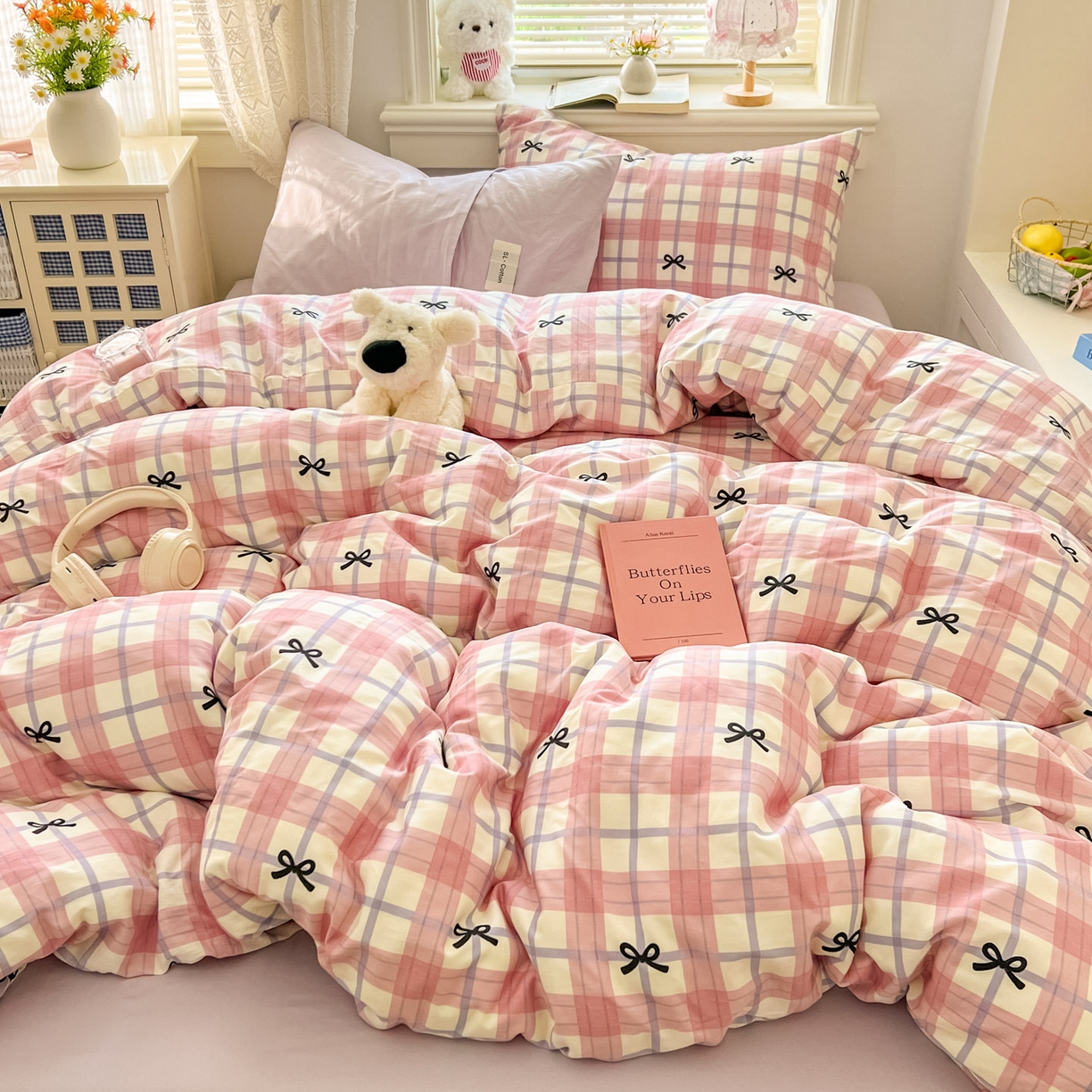 91家纺网 家纺一手货源 找家纺 （总）欣宜家纺 2026新款lns博主风韩系蝴蝶结全棉纯棉四件套格子蝴蝶结