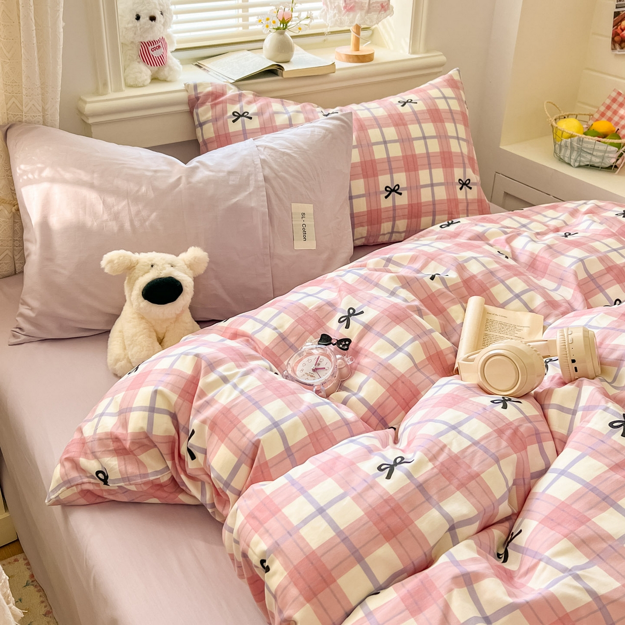 91家纺网 家纺一手货源 找家纺 （总）欣宜家纺 2026新款lns博主风韩系蝴蝶结全棉纯棉四件套格子蝴蝶结