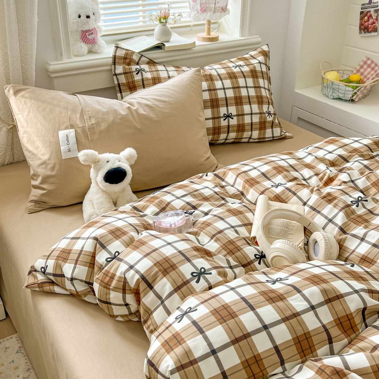 91家纺网 家纺一手货源 找家纺 欣宜家纺 2026新款lns博主风韩系蝴蝶结全棉纯棉四件套格子蝴蝶结 格子蝴蝶结-奶咖