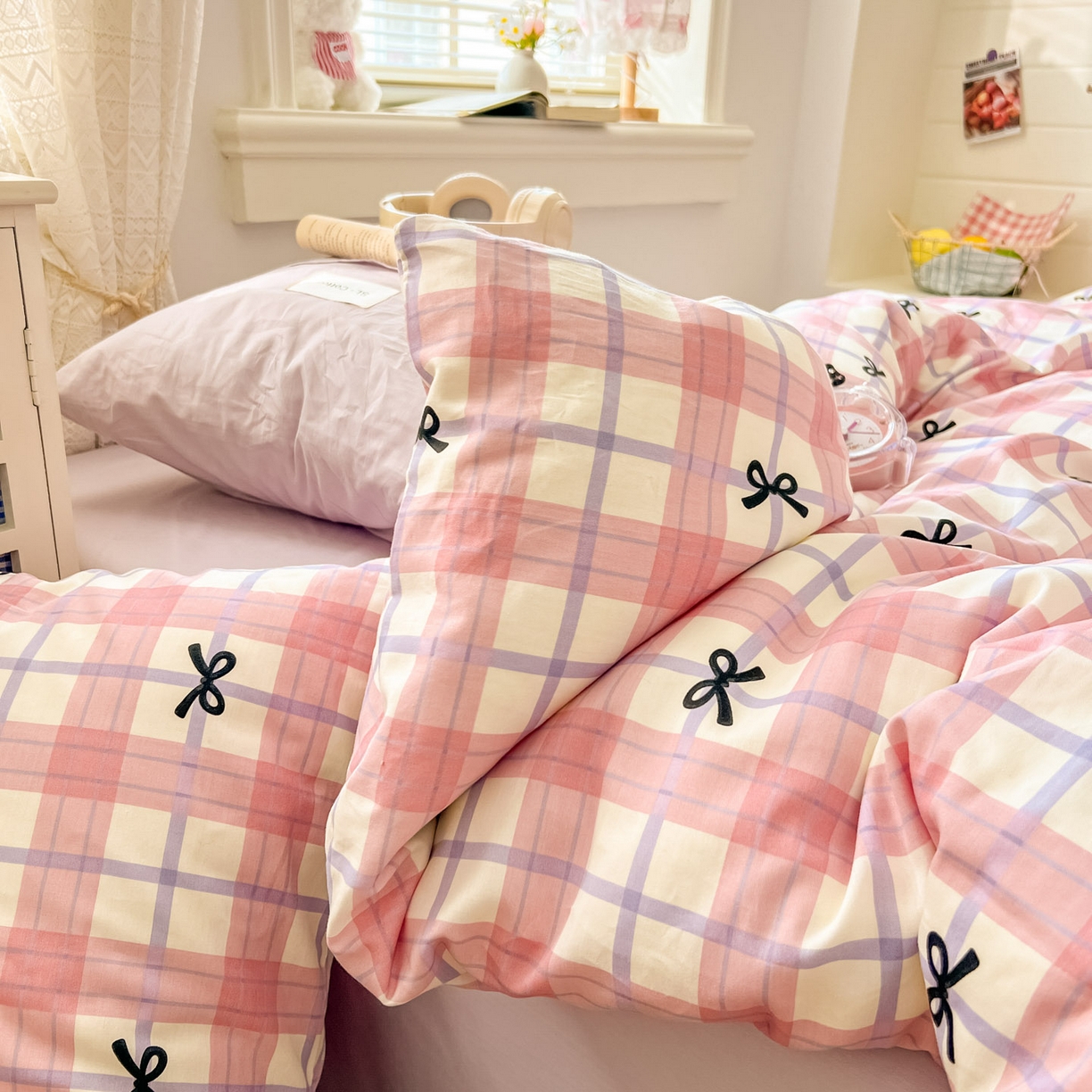 91家纺网 家纺一手货源 找家纺 欣宜家纺 2026新款lns博主风韩系蝴蝶结全棉纯棉四件套格子蝴蝶结 格子蝴蝶结-粉紫