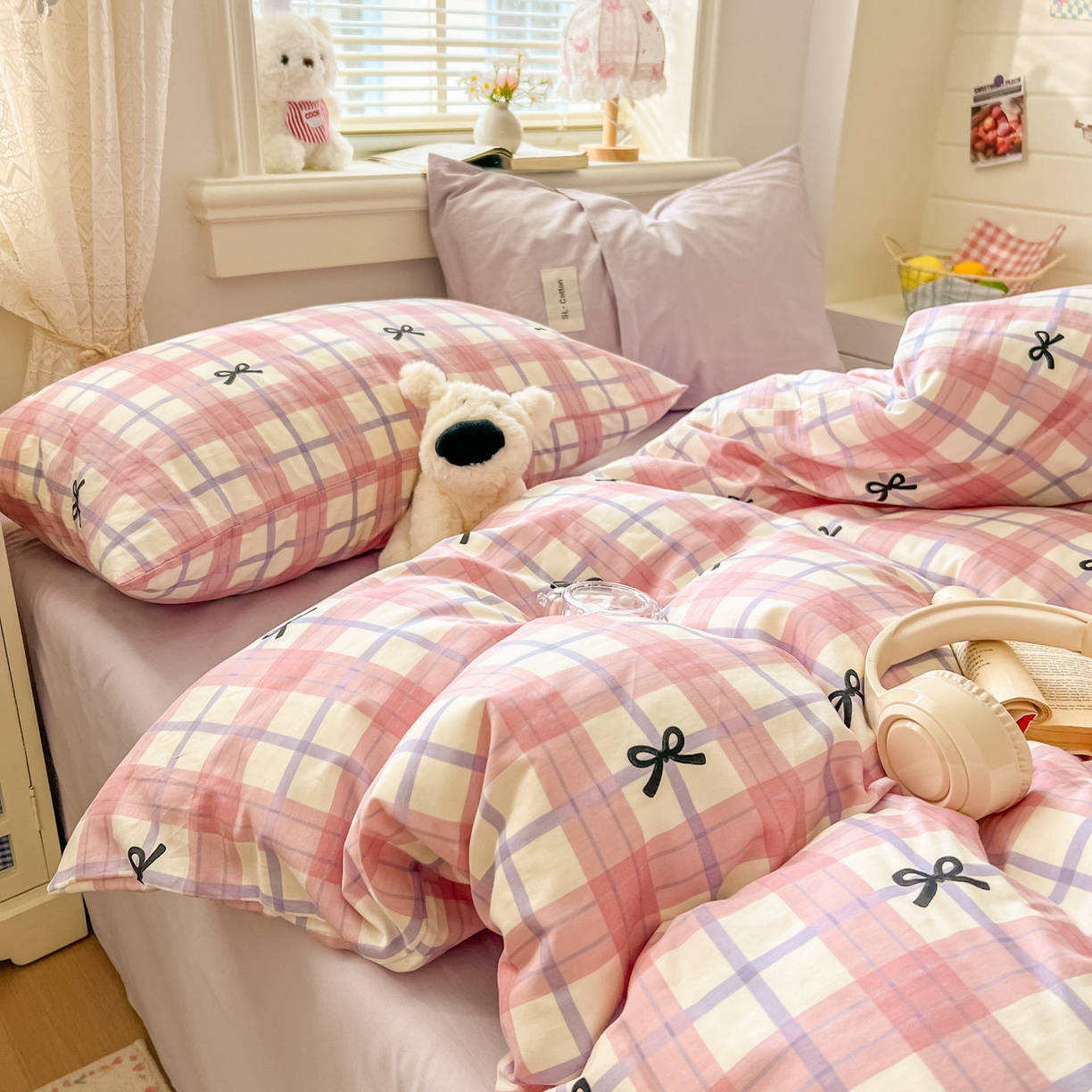 欣宜家纺 2026新款lns博主风韩系蝴蝶结全棉纯棉四件套格子蝴蝶结 格子蝴蝶结-粉紫