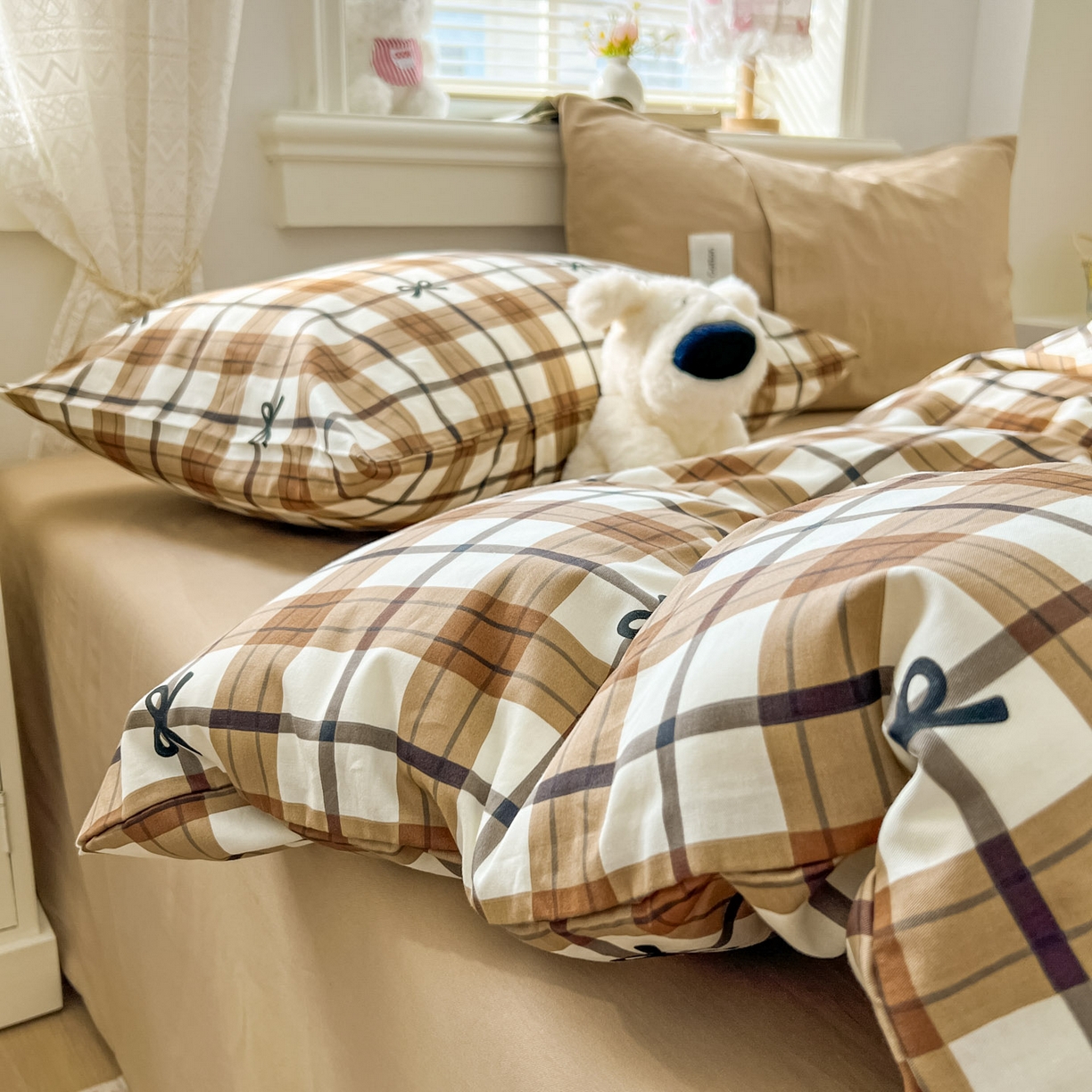 91家纺网 家纺一手货源 找家纺 欣宜家纺 2026新款lns博主风韩系蝴蝶结全棉纯棉四件套格子蝴蝶结 格子蝴蝶结-奶咖