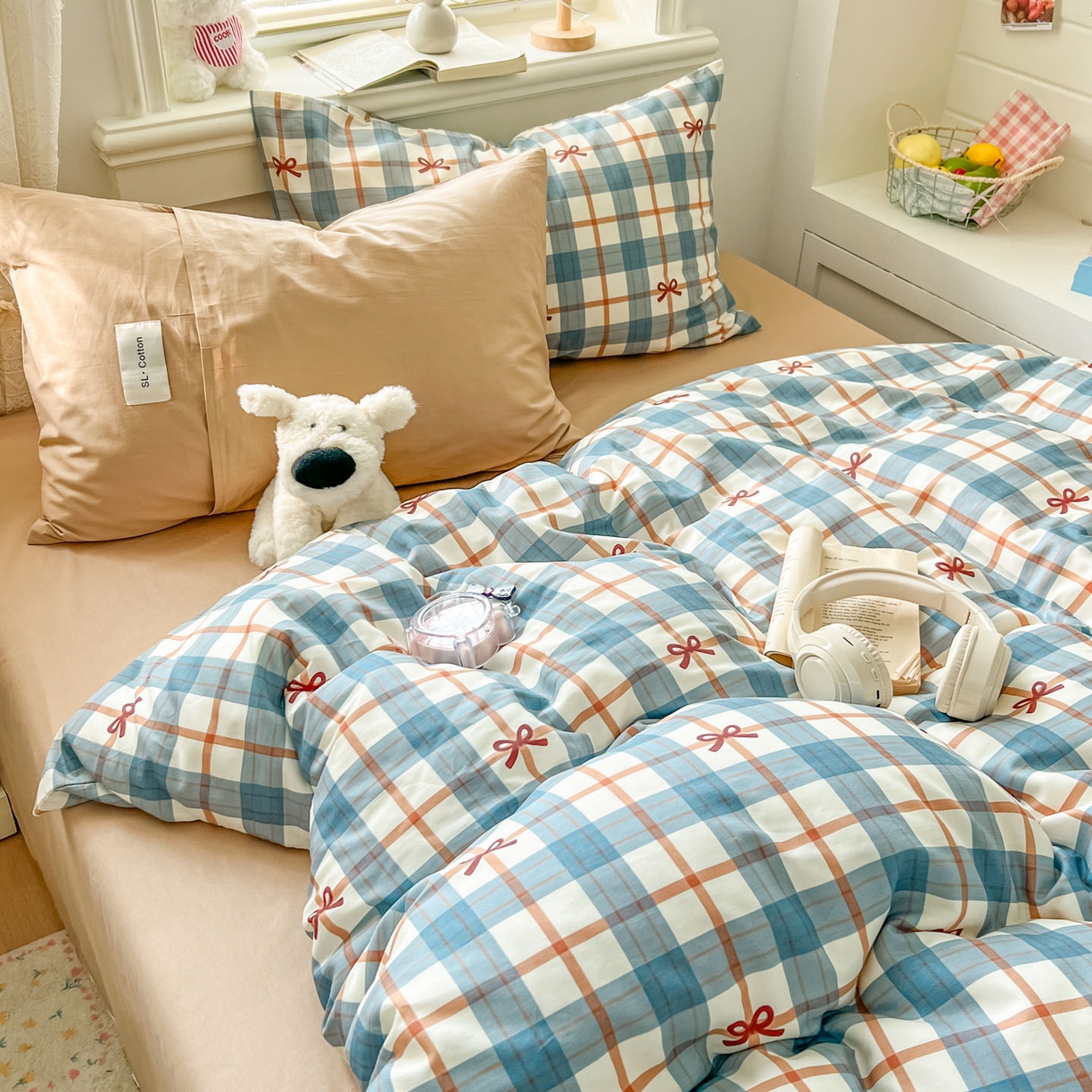 91家纺网 家纺一手货源 找家纺 欣宜家纺 2026新款lns博主风韩系蝴蝶结全棉纯棉四件套格子蝴蝶结 格子蝴蝶结-兰咖