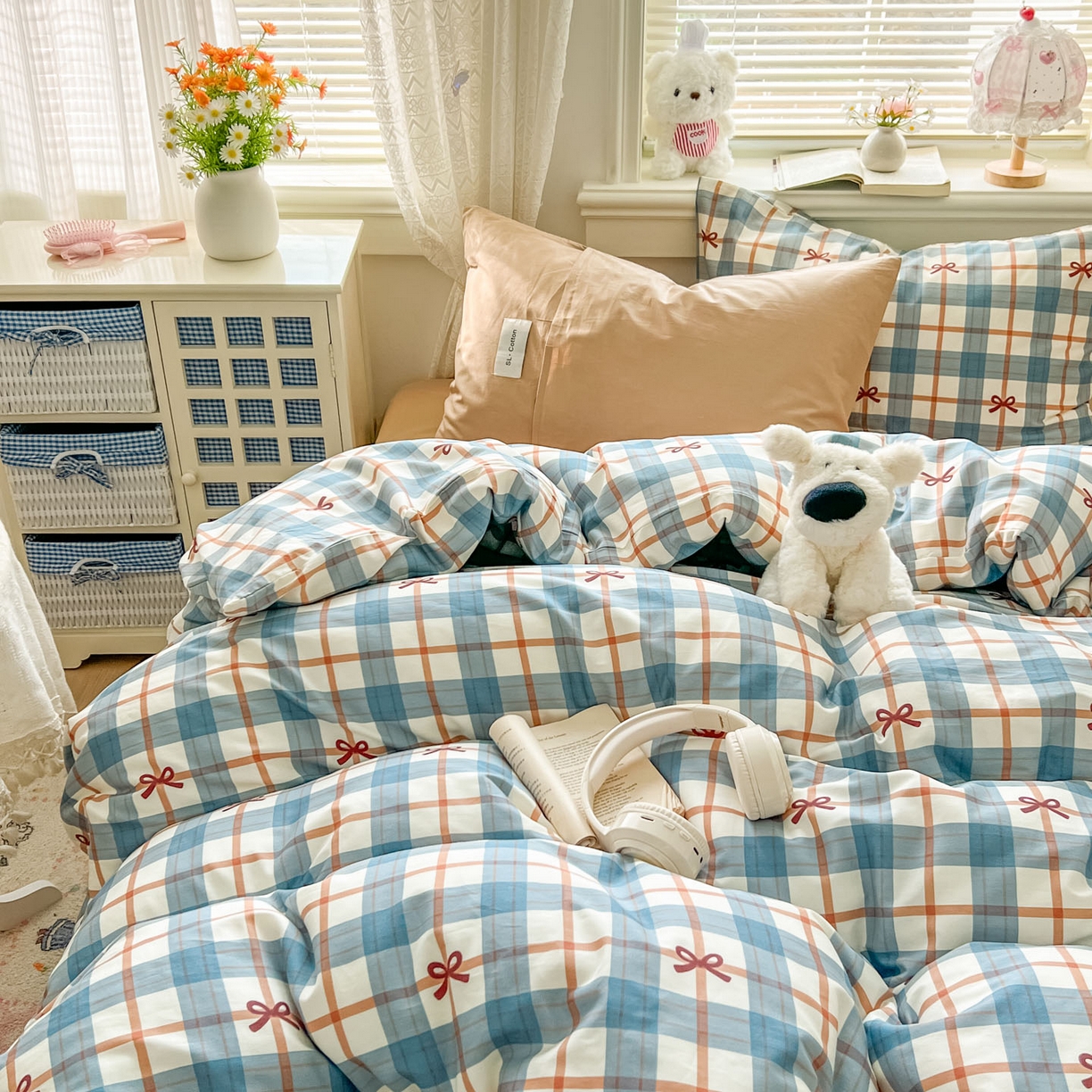 91家纺网 家纺一手货源 找家纺 欣宜家纺 2026新款lns博主风韩系蝴蝶结全棉纯棉四件套格子蝴蝶结 格子蝴蝶结-兰咖