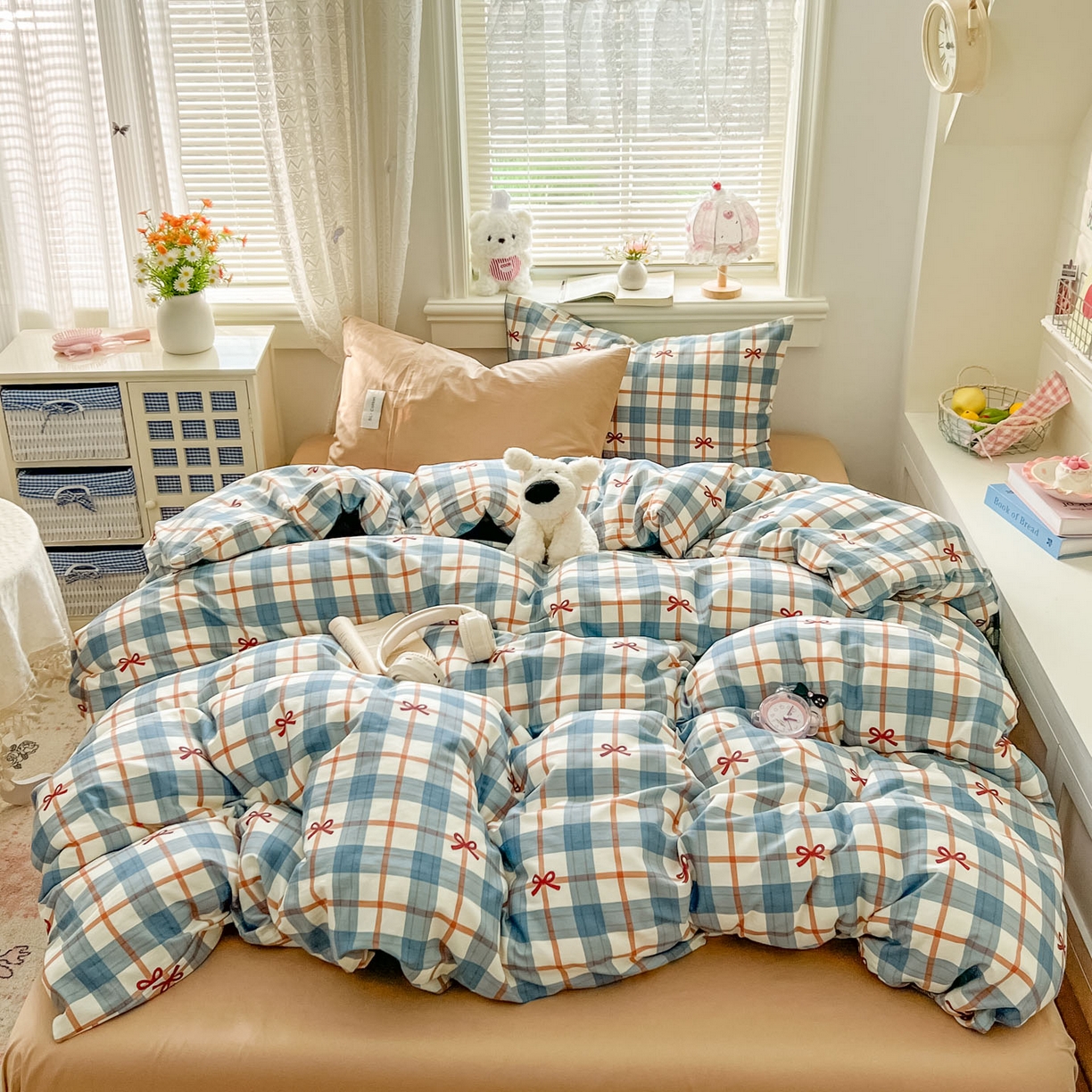 91家纺网 家纺一手货源 找家纺 欣宜家纺 2026新款lns博主风韩系蝴蝶结全棉纯棉四件套格子蝴蝶结 格子蝴蝶结-兰咖