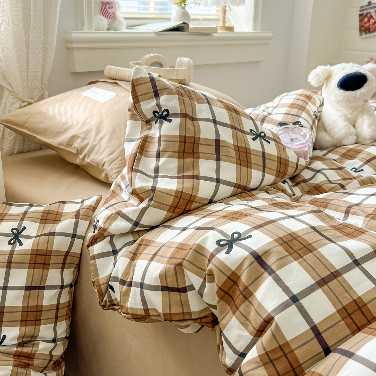 91家纺网 家纺一手货源 找家纺 欣宜家纺 2026新款lns博主风韩系蝴蝶结全棉纯棉四件套格子蝴蝶结 格子蝴蝶结-奶咖