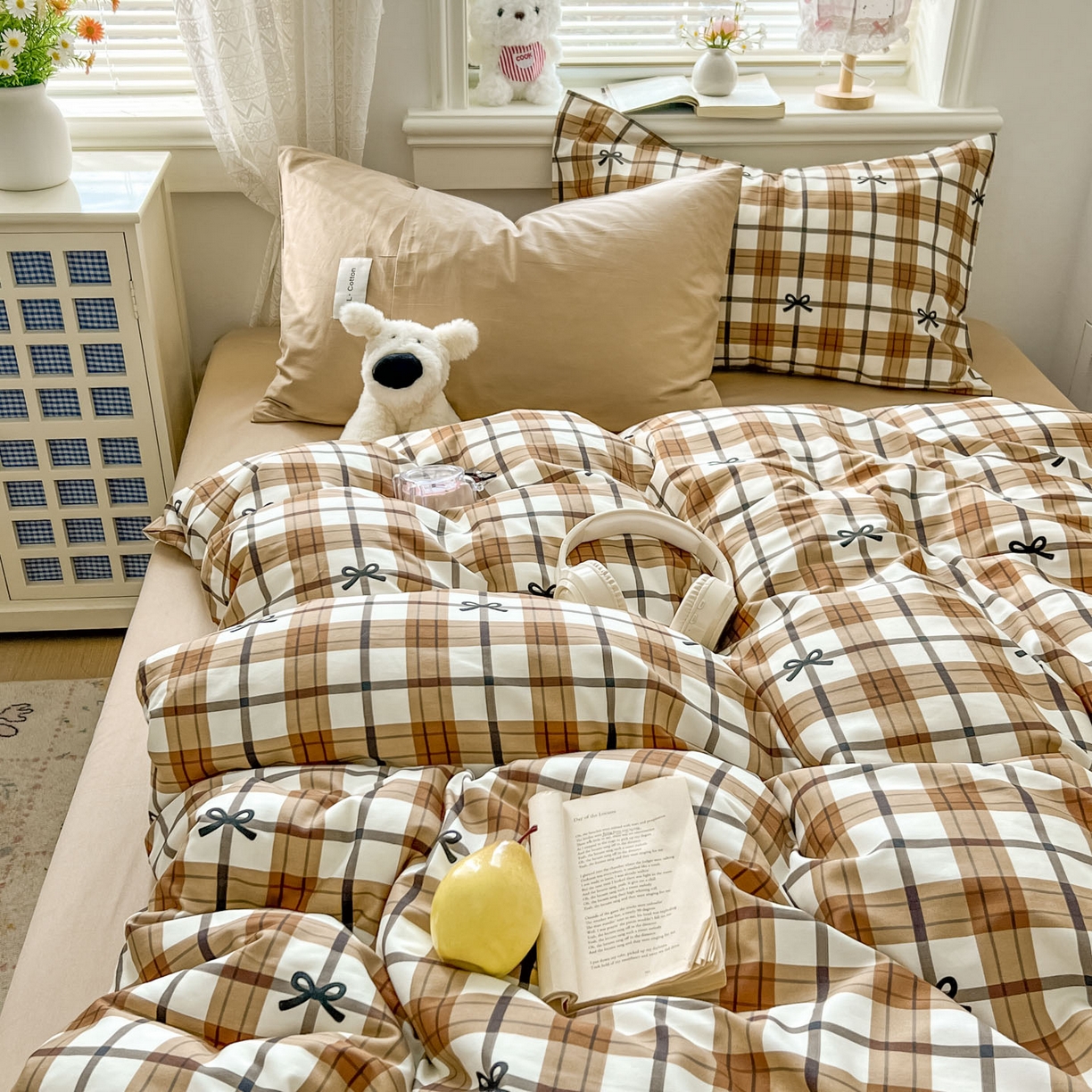 91家纺网 家纺一手货源 找家纺 欣宜家纺 2026新款lns博主风韩系蝴蝶结全棉纯棉四件套格子蝴蝶结 格子蝴蝶结-奶咖