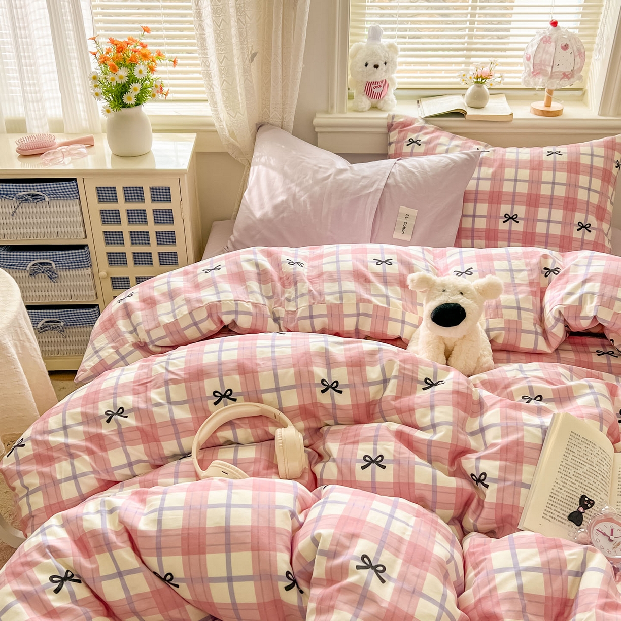 91家纺网 家纺一手货源 找家纺 欣宜家纺 2026新款lns博主风韩系蝴蝶结全棉纯棉四件套格子蝴蝶结 格子蝴蝶结-粉紫
