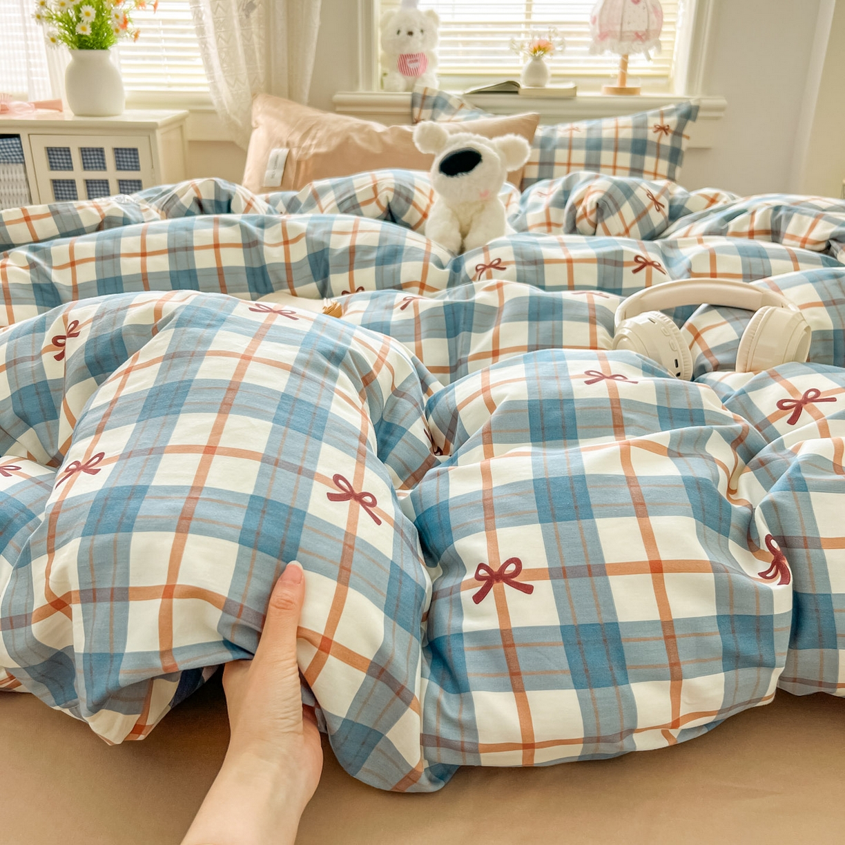 91家纺网 家纺一手货源 找家纺 欣宜家纺 2026新款lns博主风韩系蝴蝶结全棉纯棉四件套格子蝴蝶结 格子蝴蝶结-兰咖