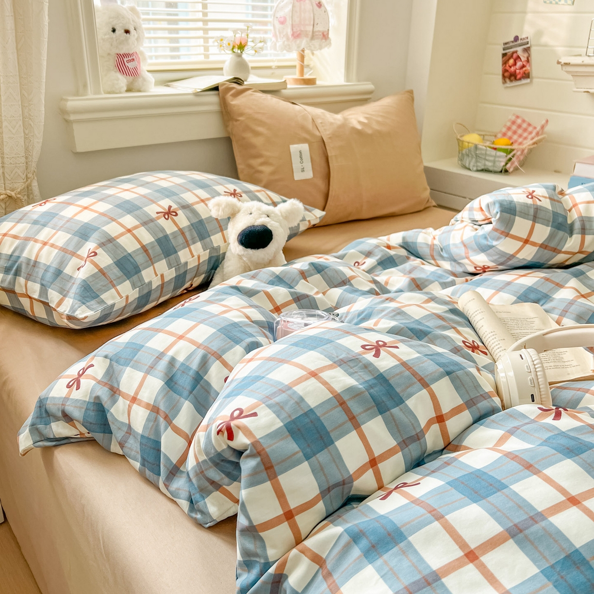 欣宜家纺 2026新款lns博主风韩系蝴蝶结全棉纯棉四件套格子蝴蝶结 格子蝴蝶结-兰咖