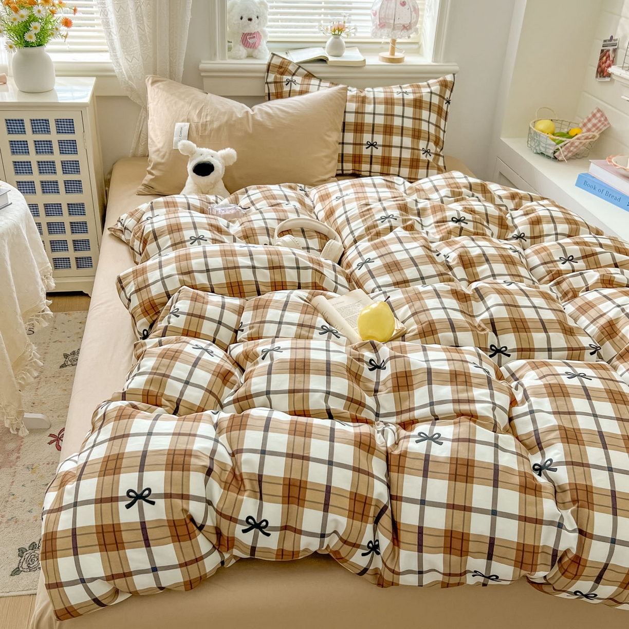 91家纺网 家纺一手货源 找家纺 欣宜家纺 2026新款lns博主风韩系蝴蝶结全棉纯棉四件套格子蝴蝶结 格子蝴蝶结-奶咖