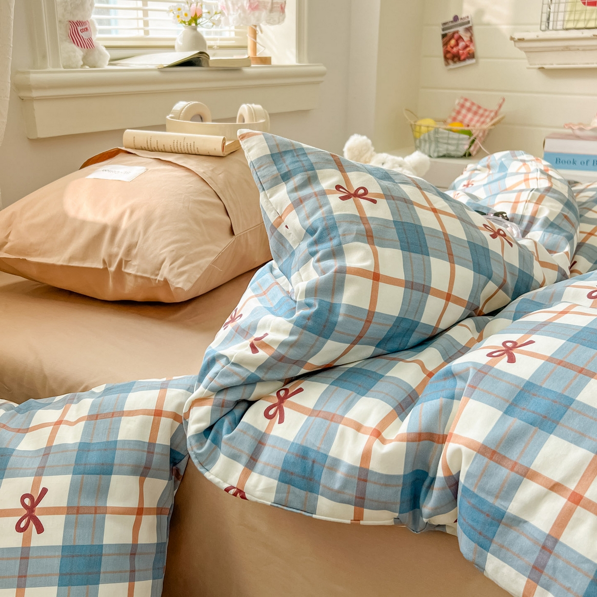 91家纺网 家纺一手货源 找家纺 欣宜家纺 2026新款lns博主风韩系蝴蝶结全棉纯棉四件套格子蝴蝶结 格子蝴蝶结-兰咖