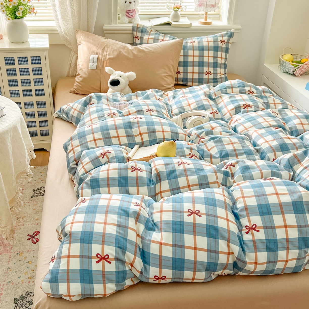 91家纺网 家纺一手货源 找家纺 欣宜家纺 2026新款lns博主风韩系蝴蝶结全棉纯棉四件套格子蝴蝶结 格子蝴蝶结-兰咖