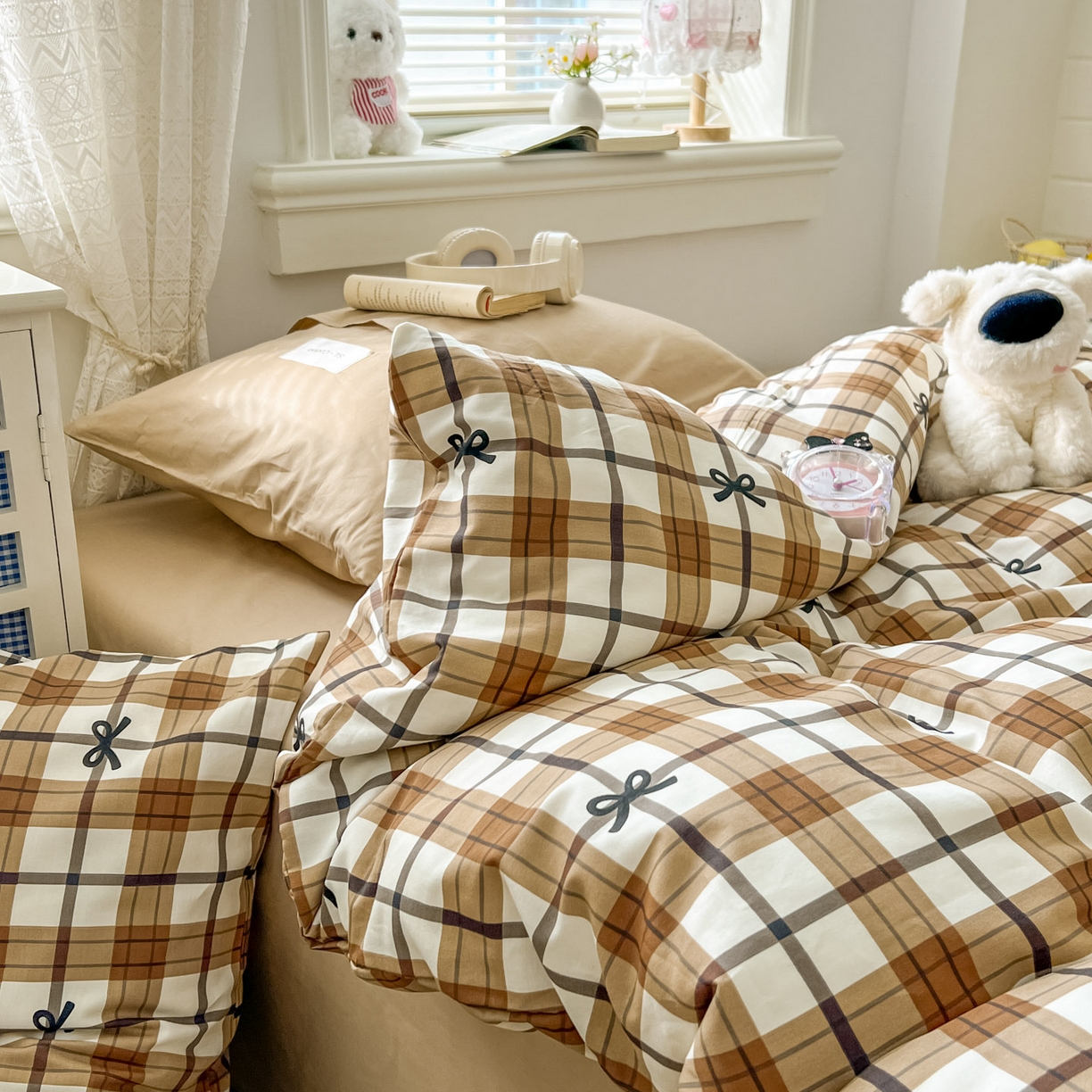 91家纺网 家纺一手货源 找家纺 欣宜家纺 2026新款lns博主风韩系蝴蝶结全棉纯棉四件套格子蝴蝶结 格子蝴蝶结-奶咖