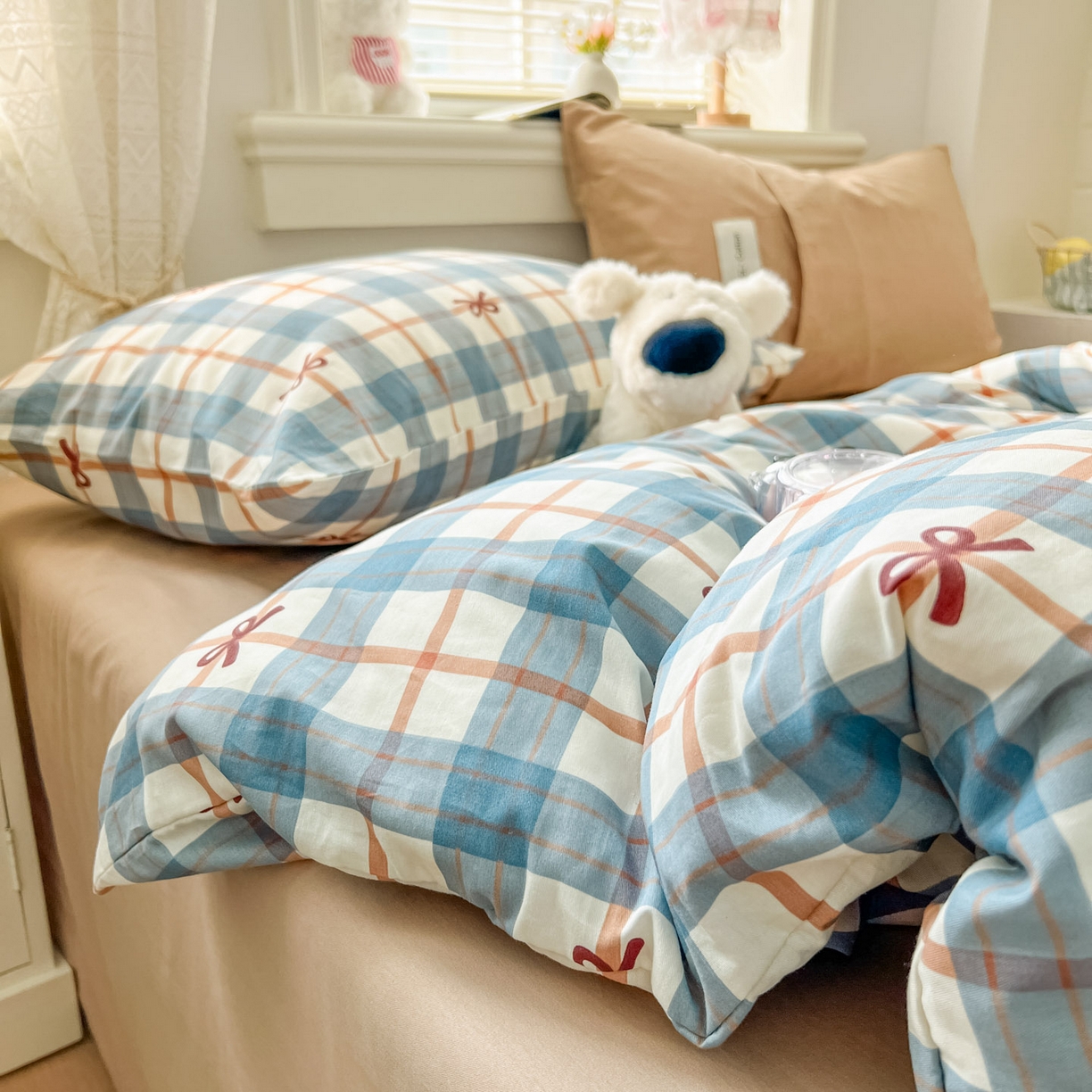 91家纺网 家纺一手货源 找家纺 欣宜家纺 2026新款lns博主风韩系蝴蝶结全棉纯棉四件套格子蝴蝶结 格子蝴蝶结-兰咖