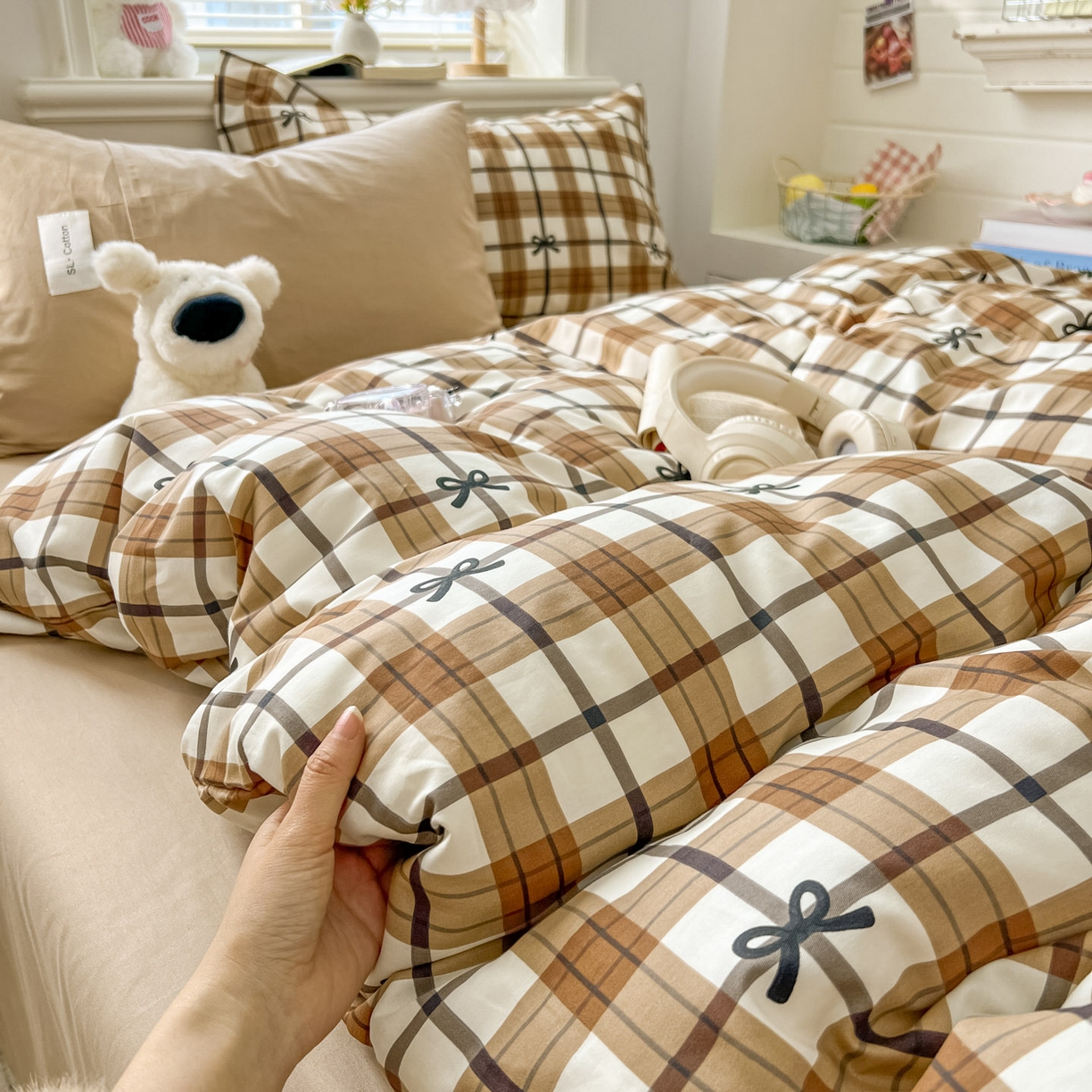 91家纺网 家纺一手货源 找家纺 欣宜家纺 2026新款lns博主风韩系蝴蝶结全棉纯棉四件套格子蝴蝶结 格子蝴蝶结-奶咖