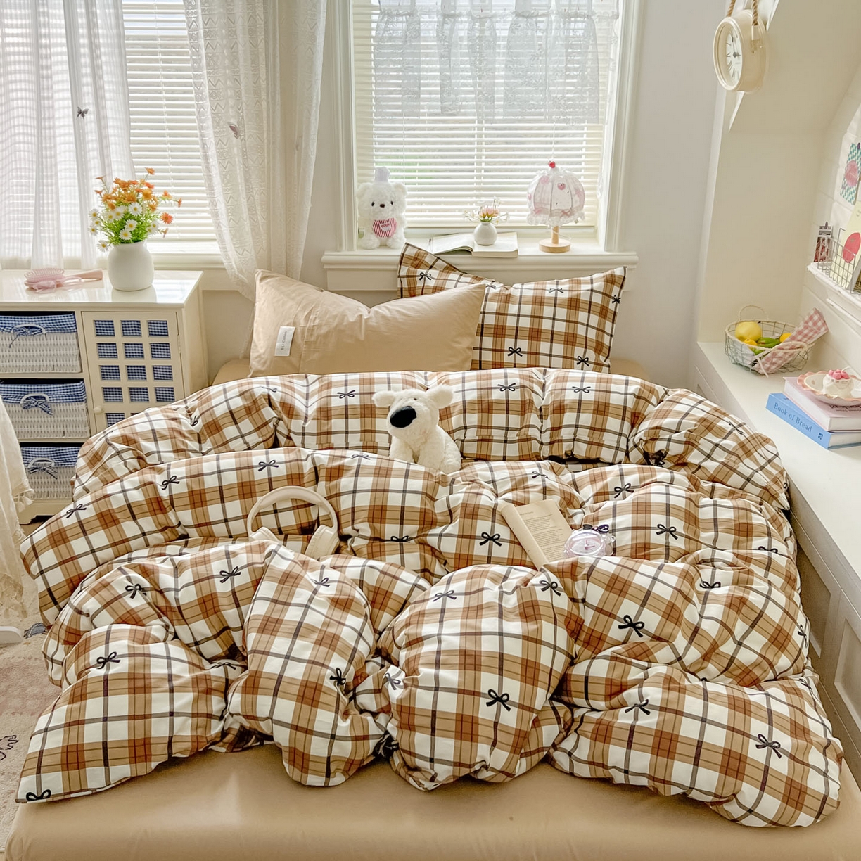 91家纺网 家纺一手货源 找家纺 欣宜家纺 2026新款lns博主风韩系蝴蝶结全棉纯棉四件套格子蝴蝶结 格子蝴蝶结-奶咖
