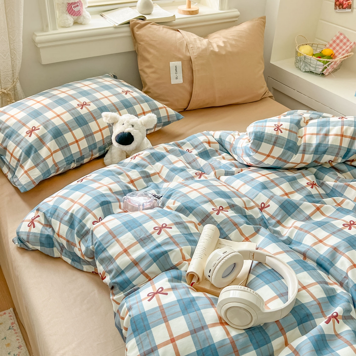 91家纺网 家纺一手货源 找家纺 欣宜家纺 2026新款lns博主风韩系蝴蝶结全棉纯棉四件套格子蝴蝶结 格子蝴蝶结-兰咖