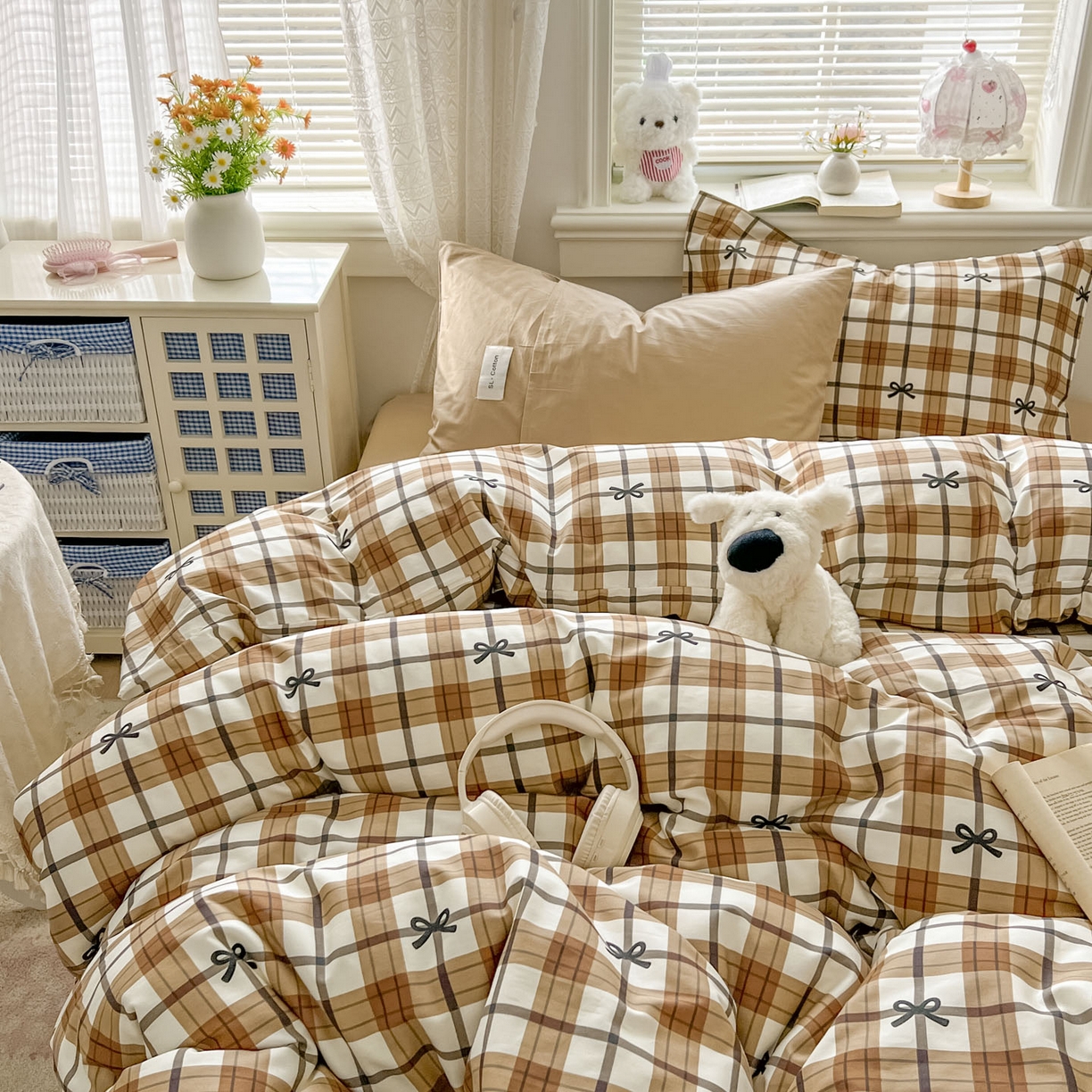 91家纺网 家纺一手货源 找家纺 欣宜家纺 2026新款lns博主风韩系蝴蝶结全棉纯棉四件套格子蝴蝶结 格子蝴蝶结-奶咖