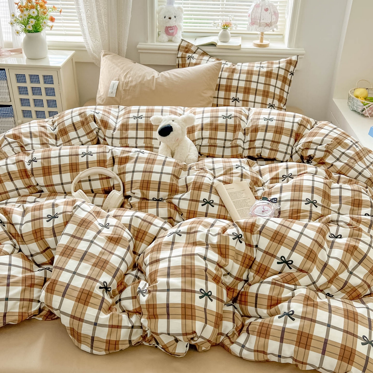 91家纺网 家纺一手货源 找家纺 欣宜家纺 2026新款lns博主风韩系蝴蝶结全棉纯棉四件套格子蝴蝶结 格子蝴蝶结-奶咖