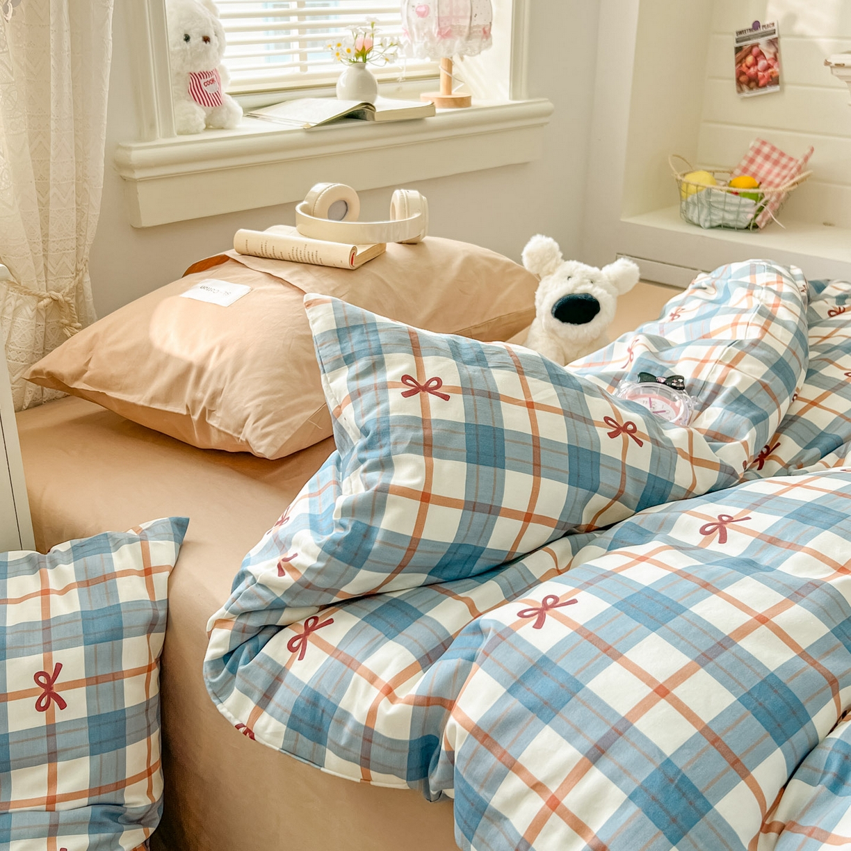 91家纺网 家纺一手货源 找家纺 欣宜家纺 2026新款lns博主风韩系蝴蝶结全棉纯棉四件套格子蝴蝶结 格子蝴蝶结-兰咖