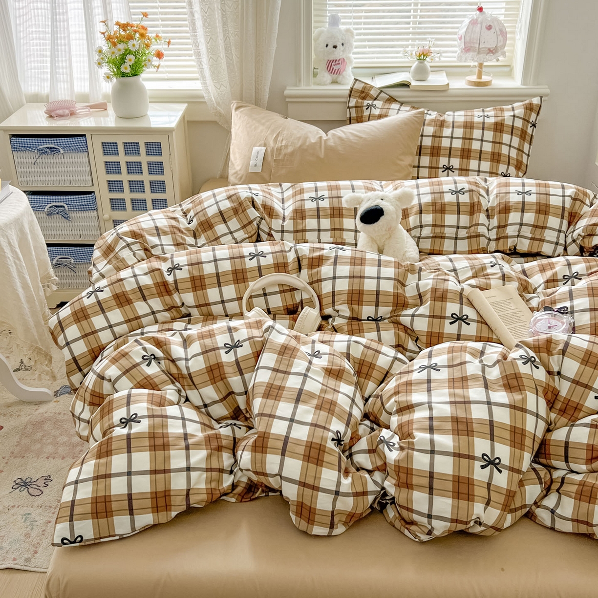 91家纺网 家纺一手货源 找家纺 欣宜家纺 2026新款lns博主风韩系蝴蝶结全棉纯棉四件套格子蝴蝶结 格子蝴蝶结-奶咖