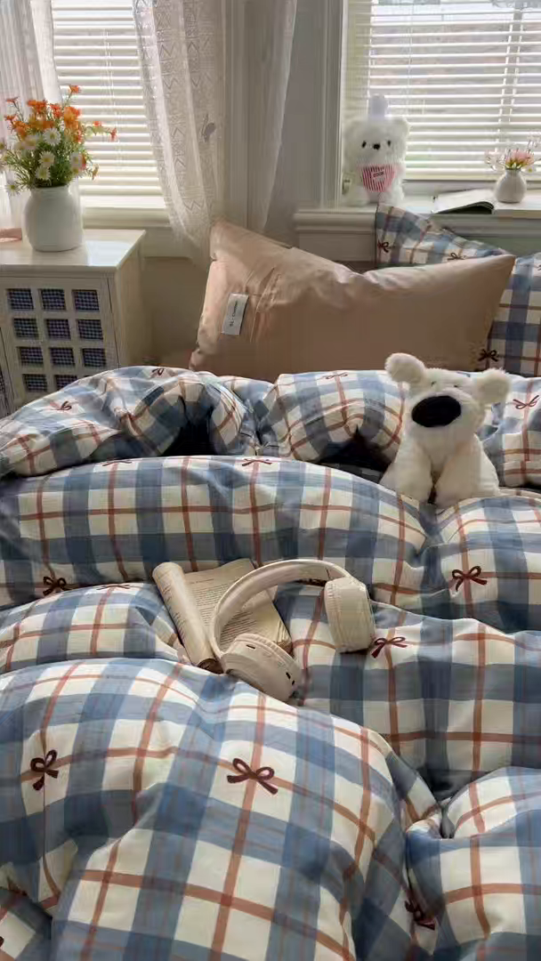 91家纺网 家纺一手货源 找家纺 欣宜家纺 2026新款lns博主风韩系蝴蝶结全棉纯棉四件套格子蝴蝶结 格子蝴蝶结-兰咖