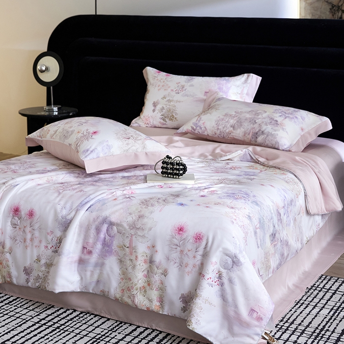 91家纺网 家纺一手货源 找家纺 慕梵家居 2026春夏新款100%莱赛尔天丝夏被空调被夏凉被四件套 早春的树-紫