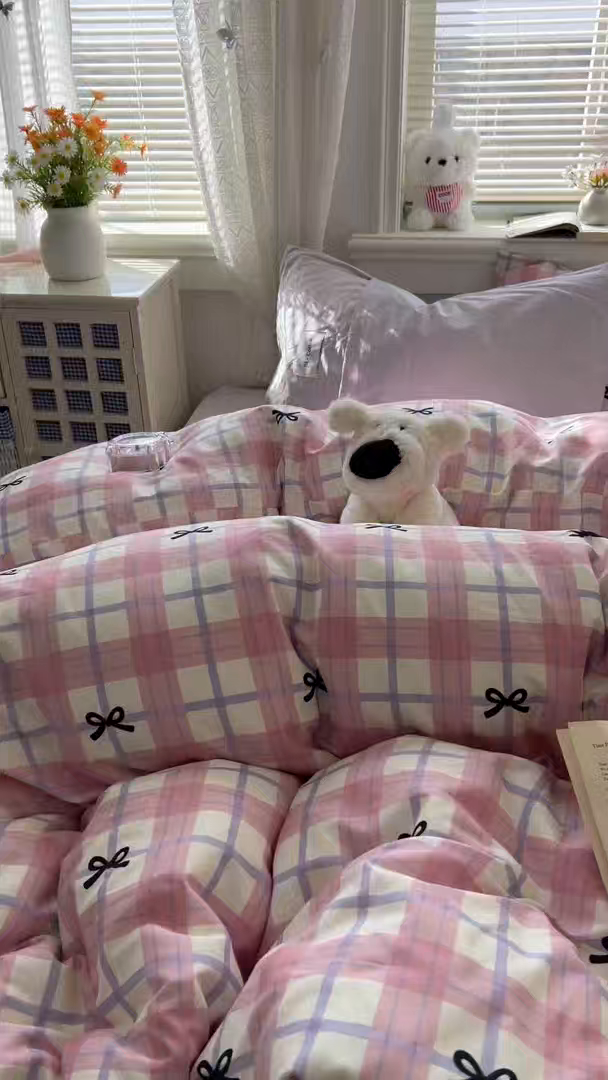 91家纺网 家纺一手货源 找家纺 （总）欣宜家纺 2026新款lns博主风韩系蝴蝶结全棉纯棉四件套格子蝴蝶结