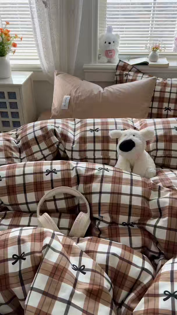 91家纺网 家纺一手货源 找家纺 欣宜家纺 2026新款lns博主风韩系蝴蝶结全棉纯棉四件套格子蝴蝶结 格子蝴蝶结-奶咖