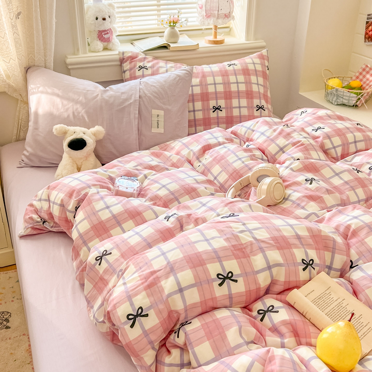91家纺网 家纺一手货源 找家纺 欣宜家纺 2026新款lns博主风韩系蝴蝶结全棉纯棉四件套格子蝴蝶结 格子蝴蝶结-粉紫