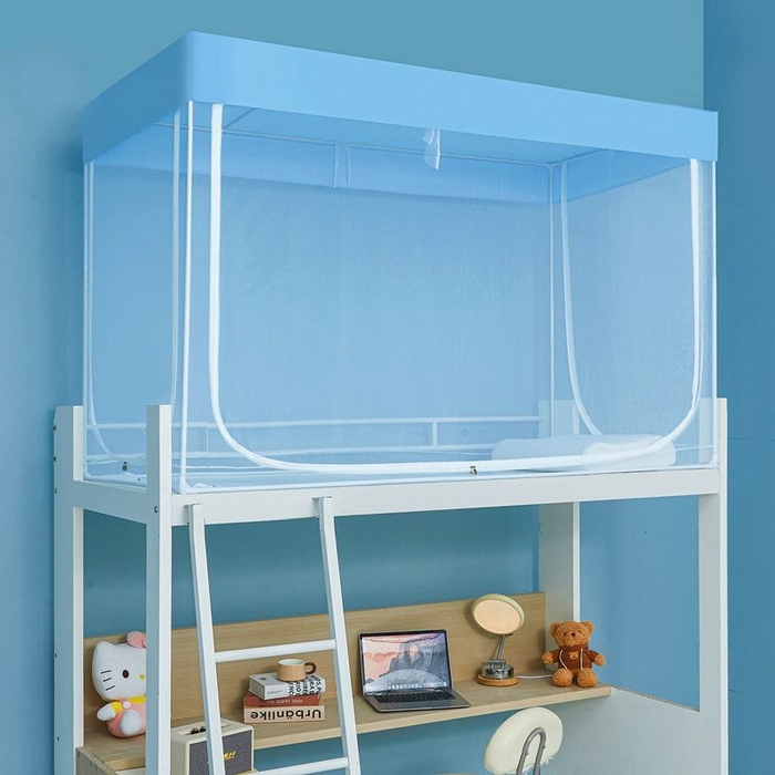 91家纺网 家纺一手货源 找家纺 富莱星蚊帐 2026新款简约风纯白纱学生蚊帐 纯纱款蓝色防尘顶