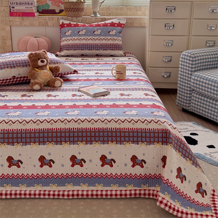 91家纺网 家纺一手货源 找家纺 暖生活 2026新款a版全棉水洗棉b版230g牛奶绒印花床盖单品床盖单件三件套 费尔岛小马