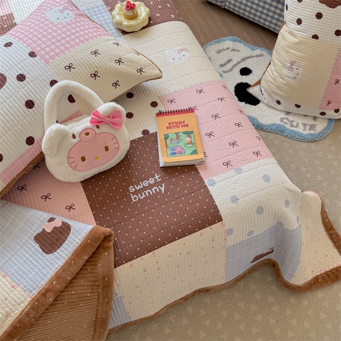 91家纺网 家纺一手货源 找家纺 暖生活 2026新款a版全棉水洗棉b版230g牛奶绒印花床盖单品床盖单件三件套 粉咖拼图