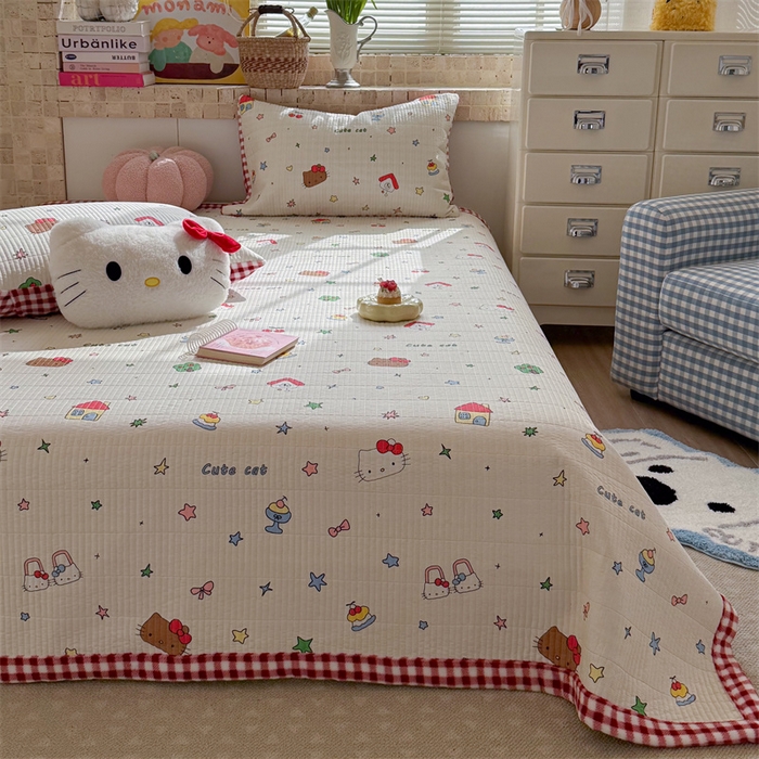 91家纺网 家纺一手货源 找家纺 暖生活 2026新款a版全棉水洗棉b版230g牛奶绒印花床盖单品床盖单件三件套 红格凯蒂