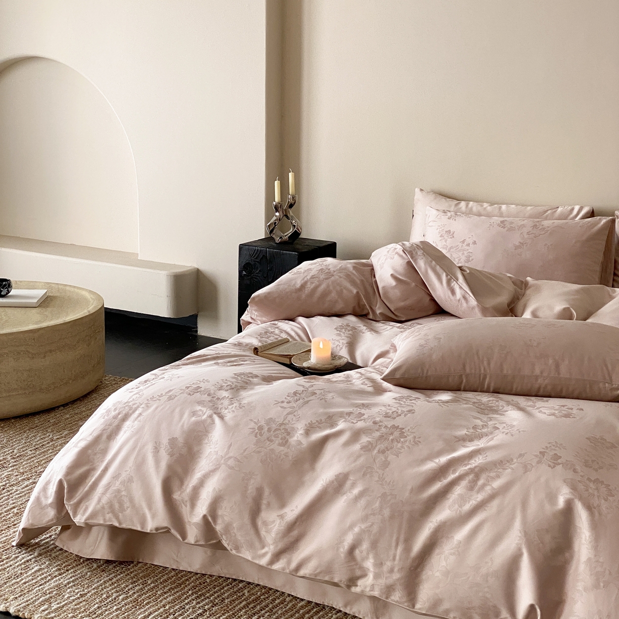 91家纺网 家纺一手货源 找家纺 玉宇阁家居 2026新款50支双股全棉纯棉贡缎大提花四件套 海瑟薇