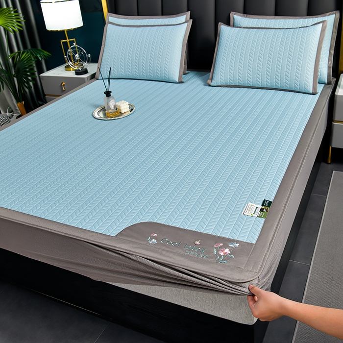 91家纺网 家纺一手货源 找家纺 小牛席业 2026新款凉感乳胶席系列（床笠款）凉席藤席冰藤席竹席空调席草席冰丝席豆豆席乳胶席三件套 凉感乳胶席-天蓝（床笠款）