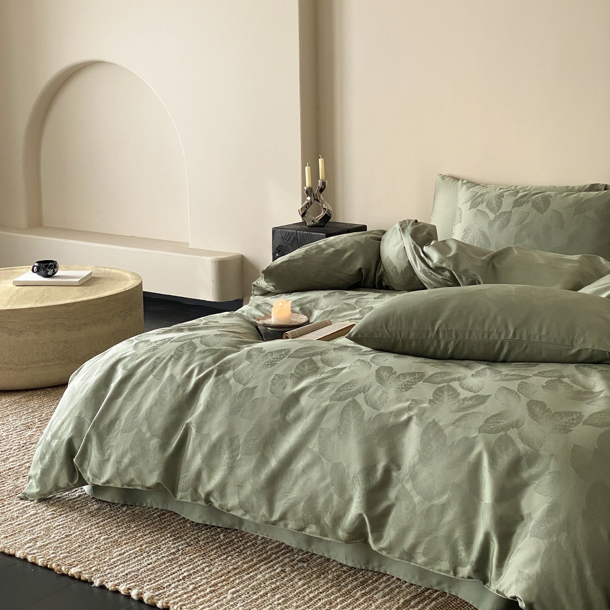 91家纺网 家纺一手货源 找家纺 玉宇阁家居 2026新款50支双股全棉纯棉贡缎大提花四件套 流影叶序