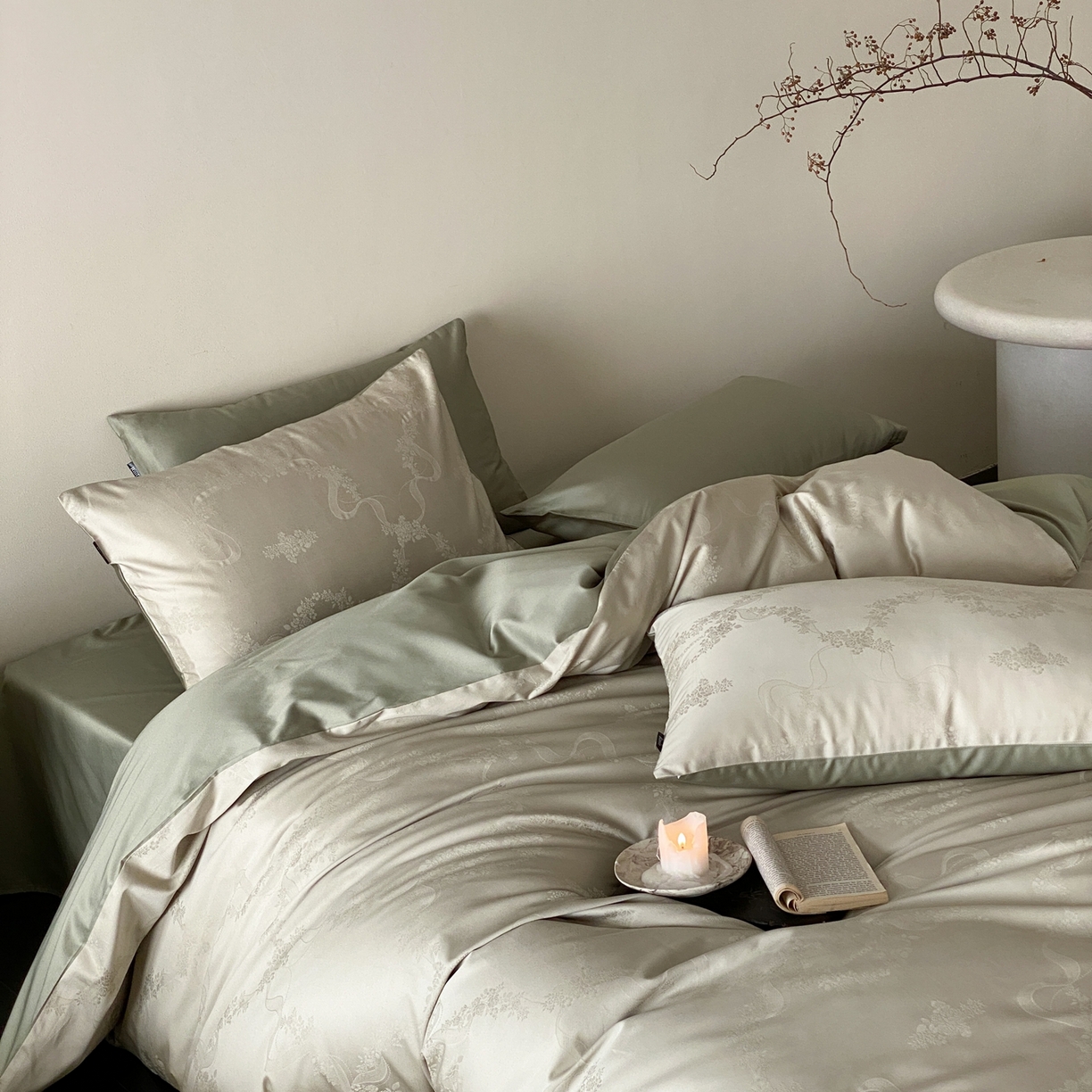 玉宇阁家居 2026新款50支双股全棉纯棉贡缎大提花四件套 缈缈-岚