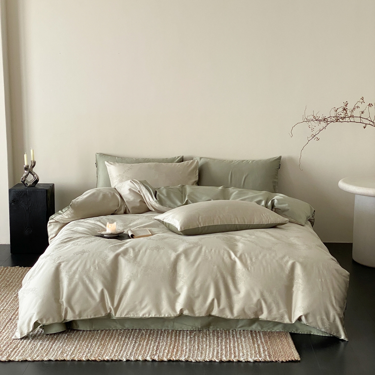 91家纺网 家纺一手货源 找家纺 玉宇阁家居 2026新款50支双股全棉纯棉贡缎大提花四件套 缈缈-岚