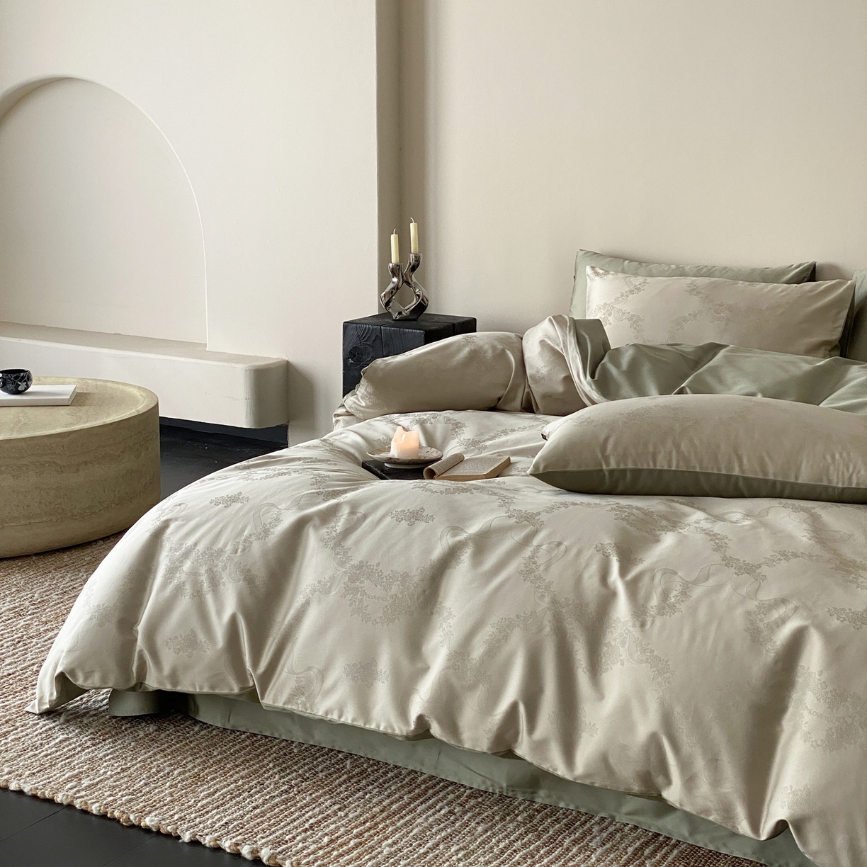 91家纺网 家纺一手货源 找家纺 玉宇阁家居 2026新款50支双股全棉纯棉贡缎大提花四件套 缈缈-岚