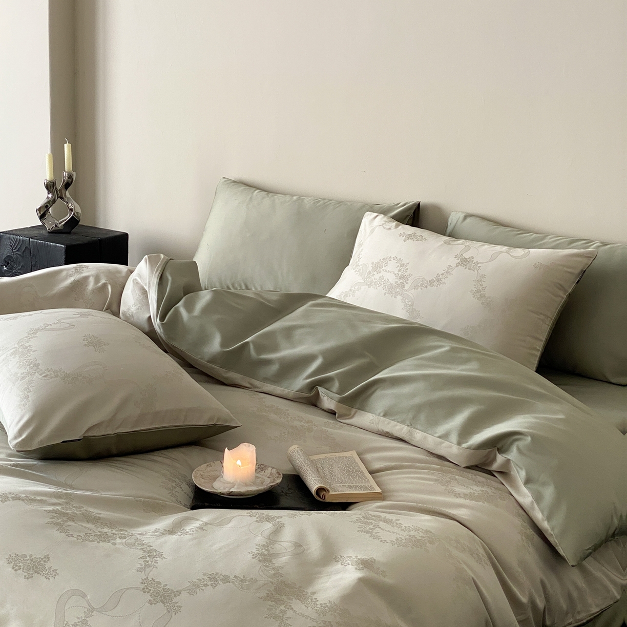 91家纺网 家纺一手货源 找家纺 玉宇阁家居 2026新款50支双股全棉纯棉贡缎大提花四件套 缈缈-岚