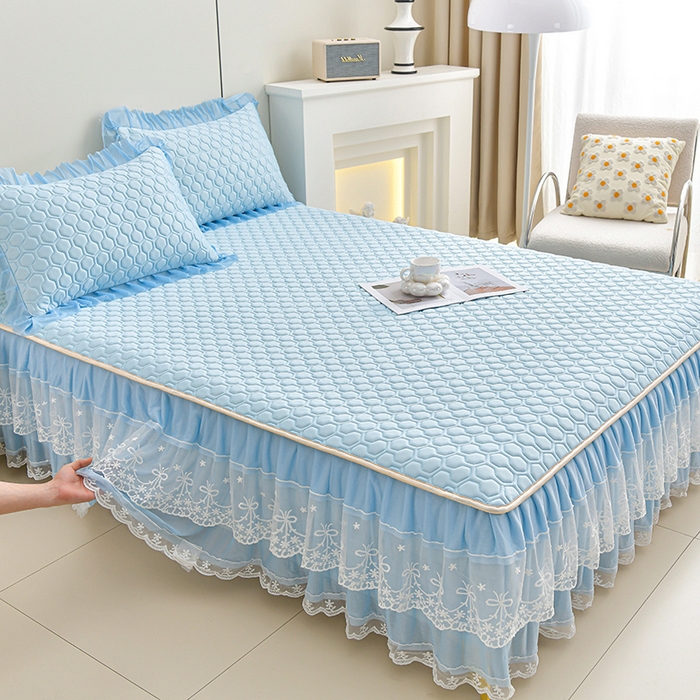 91家纺网 家纺一手货源 找家纺 畅畅家纺 2026新款凉感丝唯美床裙夏被凉席三件套夏被四件套 唯美-天蓝