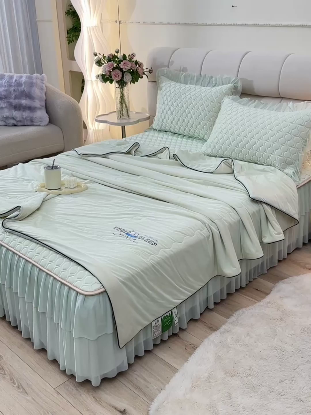 91家纺网 家纺一手货源 找家纺 畅畅家纺 2026新款凉感丝唯美床裙夏被凉席三件套夏被四件套 唯美-青柠绿