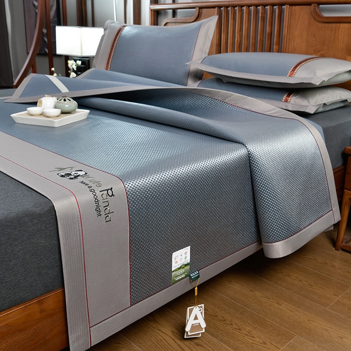 小牛席业 2026新款加厚款-经典熊猫冰藤席系列-凉席藤席冰藤席竹席空调席草席冰丝席豆豆席乳胶席三件套 加厚款-经典熊猫冰藤席（蓝色）