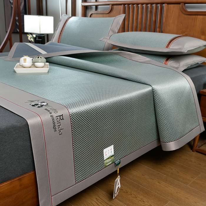 小牛席业 2026新款加厚款-经典熊猫冰藤席系列-凉席藤席冰藤席竹席空调席草席冰丝席豆豆席乳胶席三件套 加厚款-经典熊猫冰藤席（绿色）