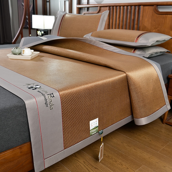 小牛席业 2026新款加厚款-经典熊猫冰藤席系列-凉席藤席冰藤席竹席空调席草席冰丝席豆豆席乳胶席三件套 加厚款-经典熊猫冰藤席（咖色）